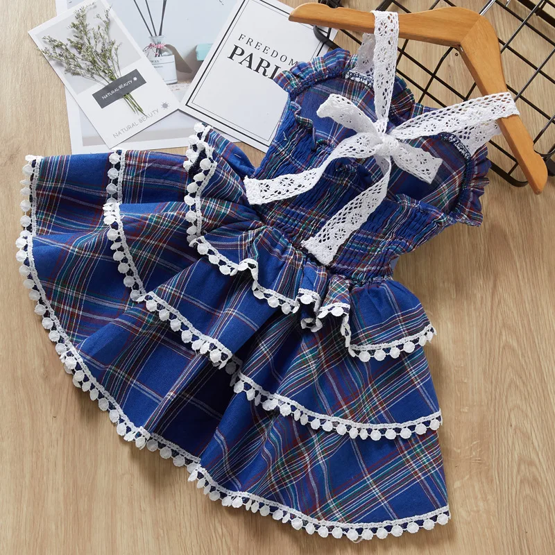 2019 hot sale children clothing European and American girls lace strap baby plaid fluffy cake dress