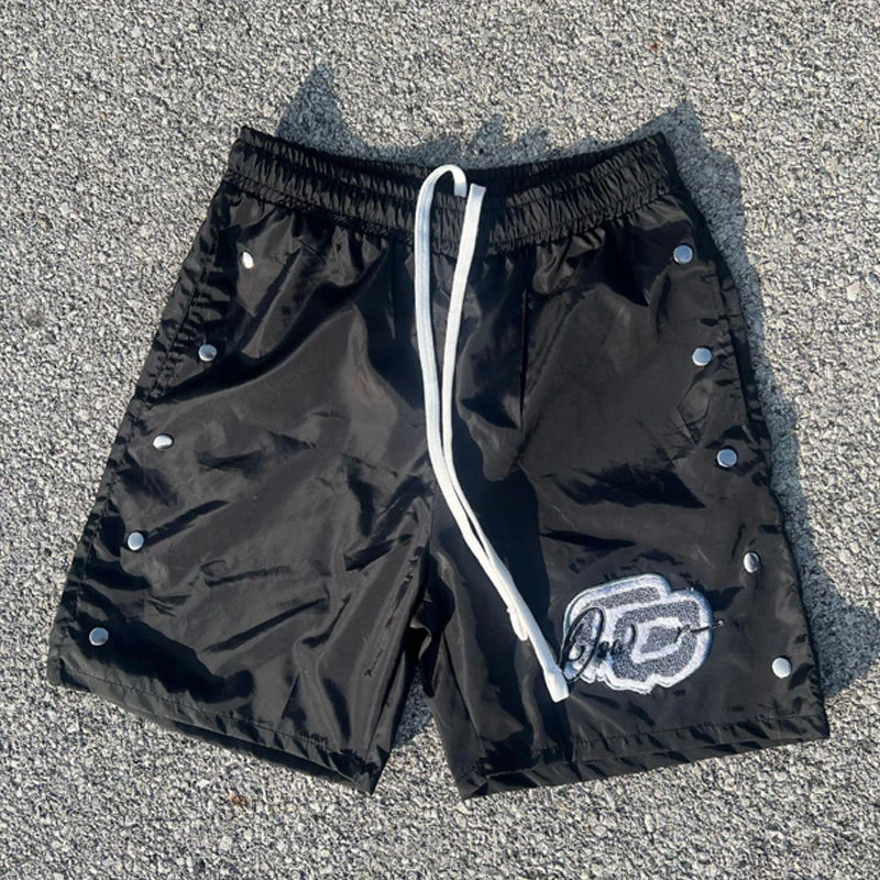 High quality manufacturer casual summer  button snap embroidery chenille custom windbreaker swim men nylon shorts