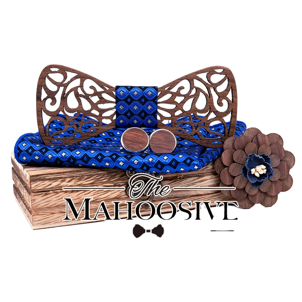 
Paisley Hollow Carved Wooden Bowtie Pocket Square Set Navy Floral Wood Bow Ties For Men Wedding Box Fashion Novelty T210 