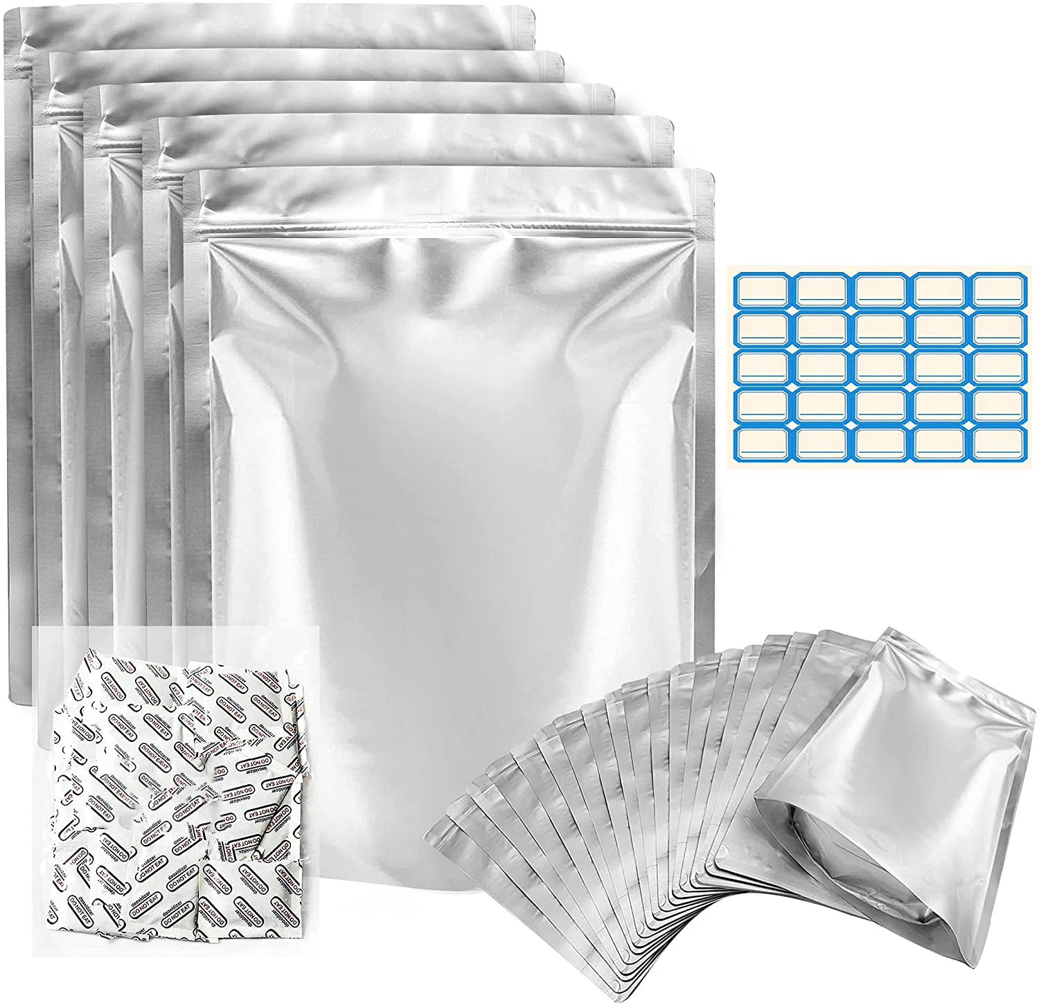 Wholesale foil ziplock reusable food bag set mylar aluminum food packaging foil bag with 100pcs stickers