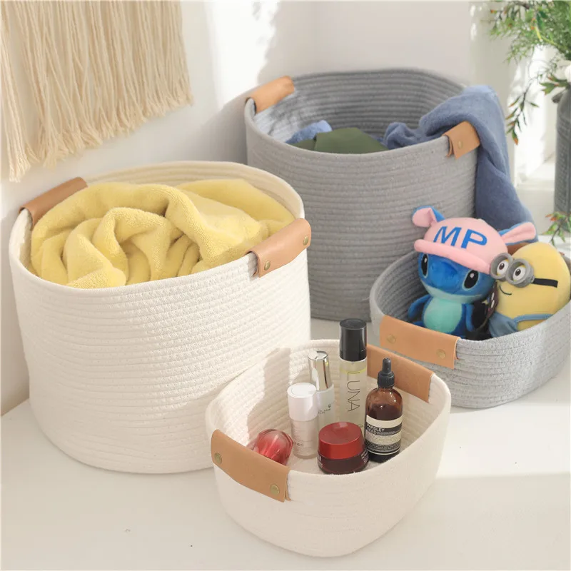 Large Gray Woven Laundry Round Storage Cotton Rope Basket