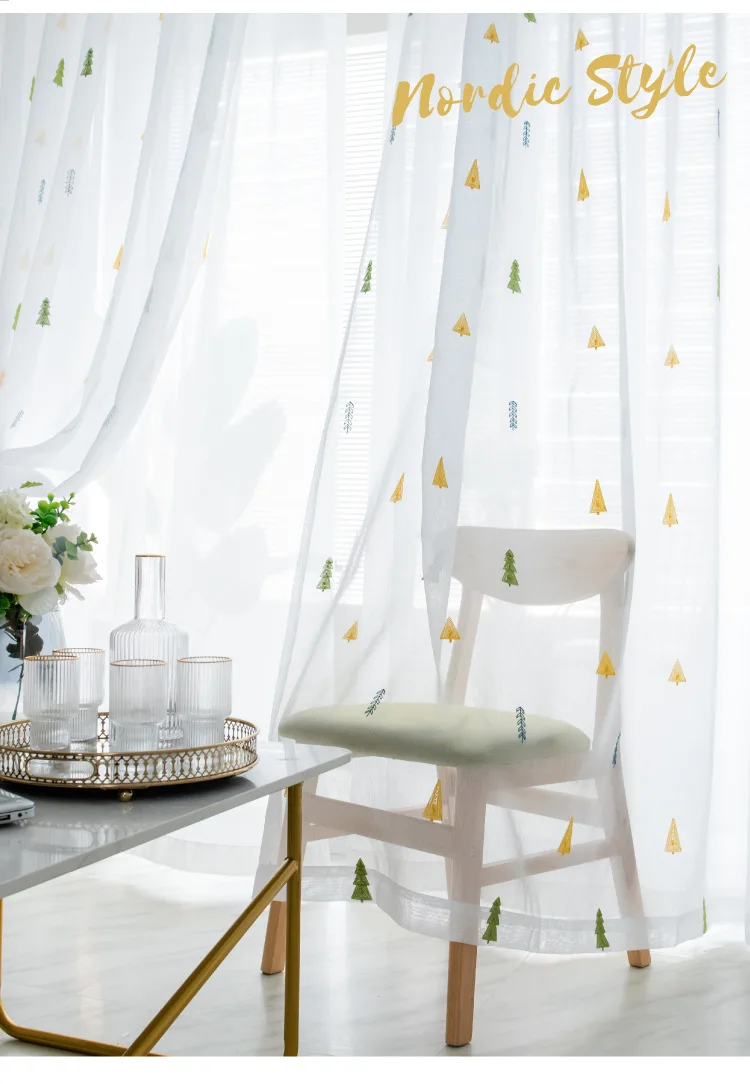 ZSTARR Factory Home Use Custom Christmas Tree Embroidered Linen Fabric Window Decoration Curtains Sheer for Living Room Bedroom