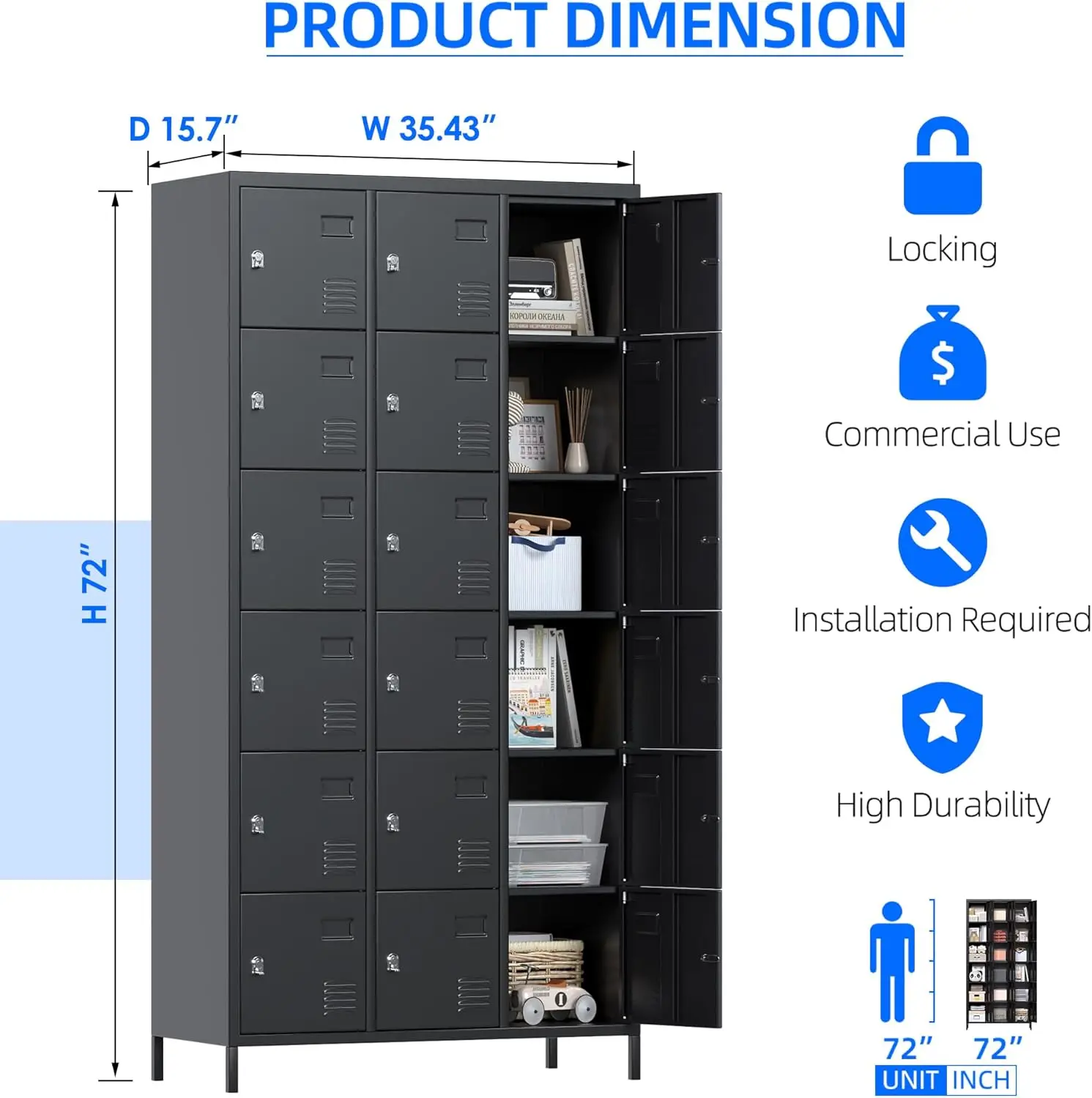 18 Doors Metal Lockers for Employees Metal Storage Locker Tall Metal Locker for Storage in Gyms Homes Offices with Hooks