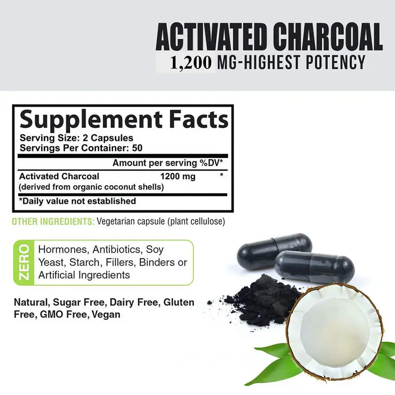 Activated Charcoal Capsules for Natural Detoxification Gas and Bloating control Healthcare Supplement