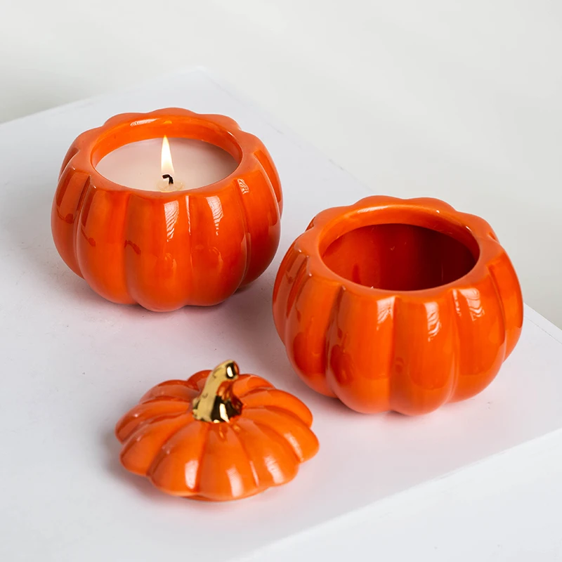YUANWANG Custom Bougies Pumpkin Wholesale Candle Vessels Ceranic Empty Black Candle Jar With Lid