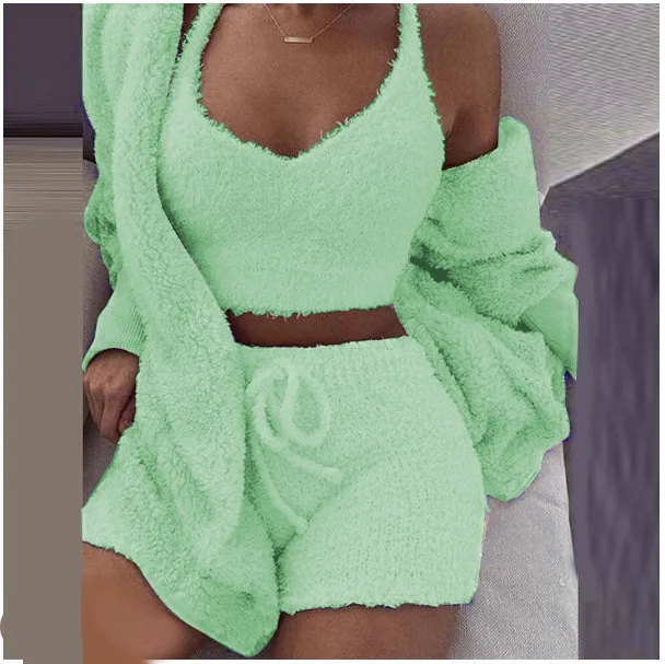 
OR3-017 Women winter 3 piece set plush pajamas home wear long sleeve top and shorts velvet pajama set 