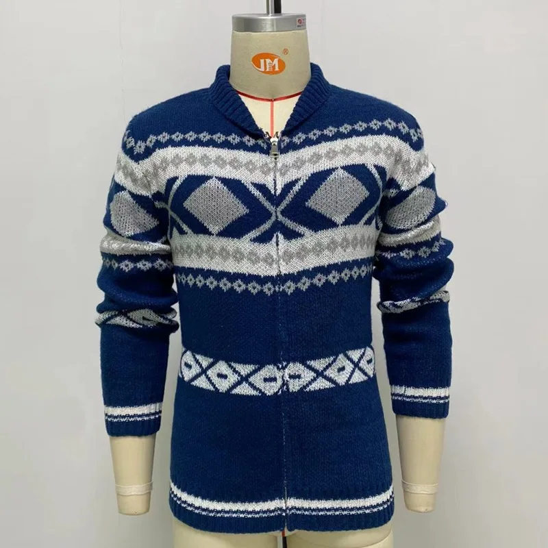 High Quality Pattern Jacquard Knitwear Custom Mens fashion lapel zipper polyester long sleeve Coats And Jackets