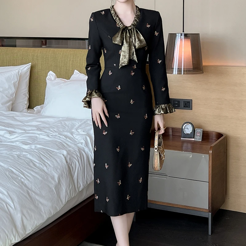 ZYHT 40675 Breathable Embroidery Butterfly Casual Dresses Pencil Black Long Sleeve Winter Midi Dress for Women
