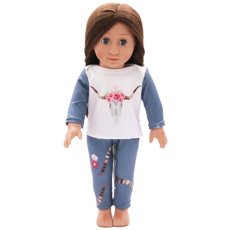 Aliexpress Fashion Wholesale  18-inch American Doll Cotton Print Soft Casual Long sleeves Pajamas Set Elastic Doll Clothes