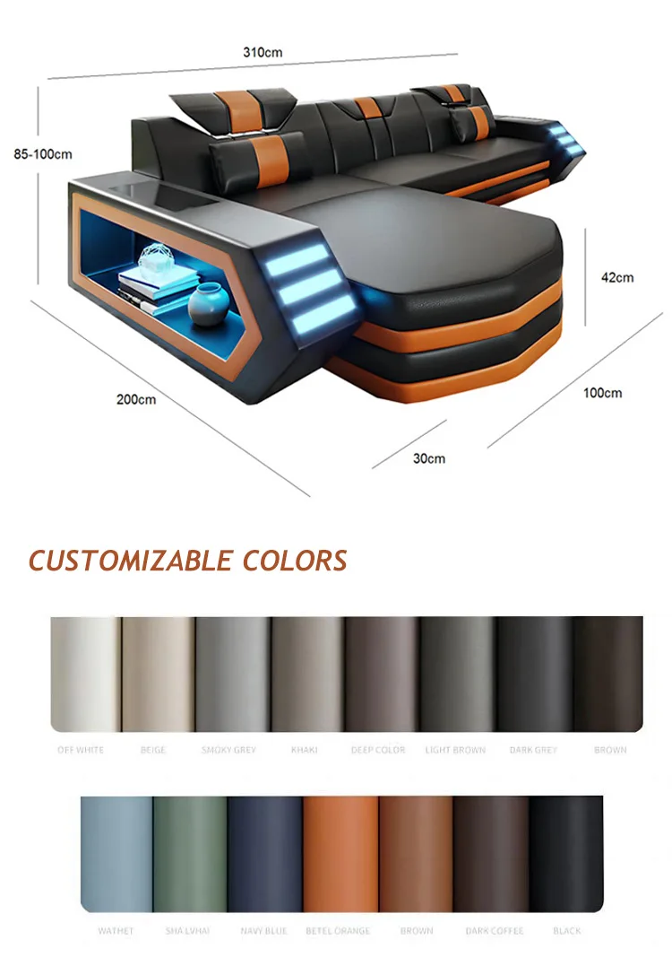 Italian modern Customizable luxury Intelligent Music USB charge Function leather living room furniture corner section sofas set