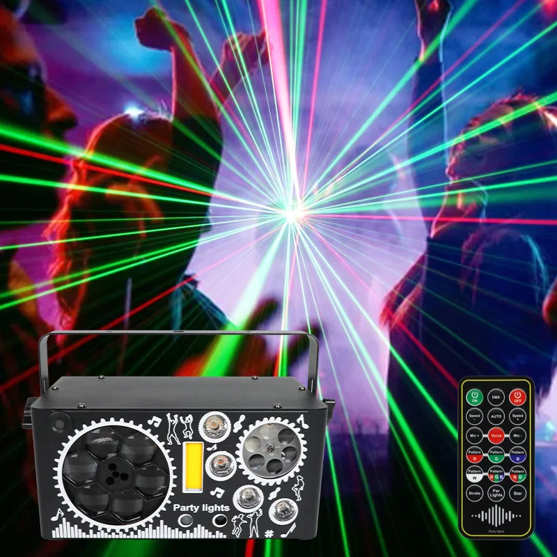 Update 7 In 1 Mixed Effect DMX Sound Activated Laser Lights DJ Disco Gobo RGBW UV Strobe Party Lights Indoor Rave Club Lighting