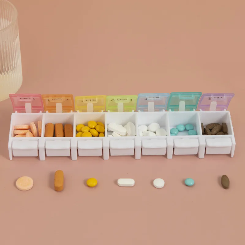 Weekly BPA-Free Travel Pill Organizer 7-Day Spring  rainbow Open Design Case Customizable plastic clear Pill Storage Boxes
