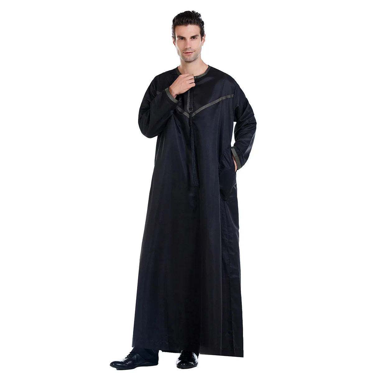  2021 new arrivals dubai islamic men clothing long sleeve muslim thawb caftan with belt maroc thobe for man