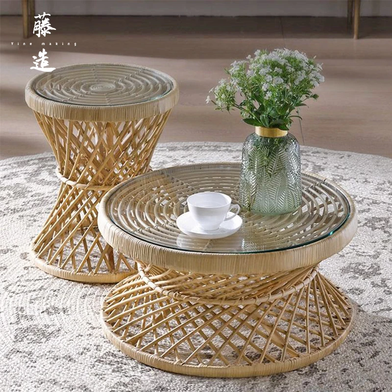 Decorative round natural rattan furniture tea bamboo table