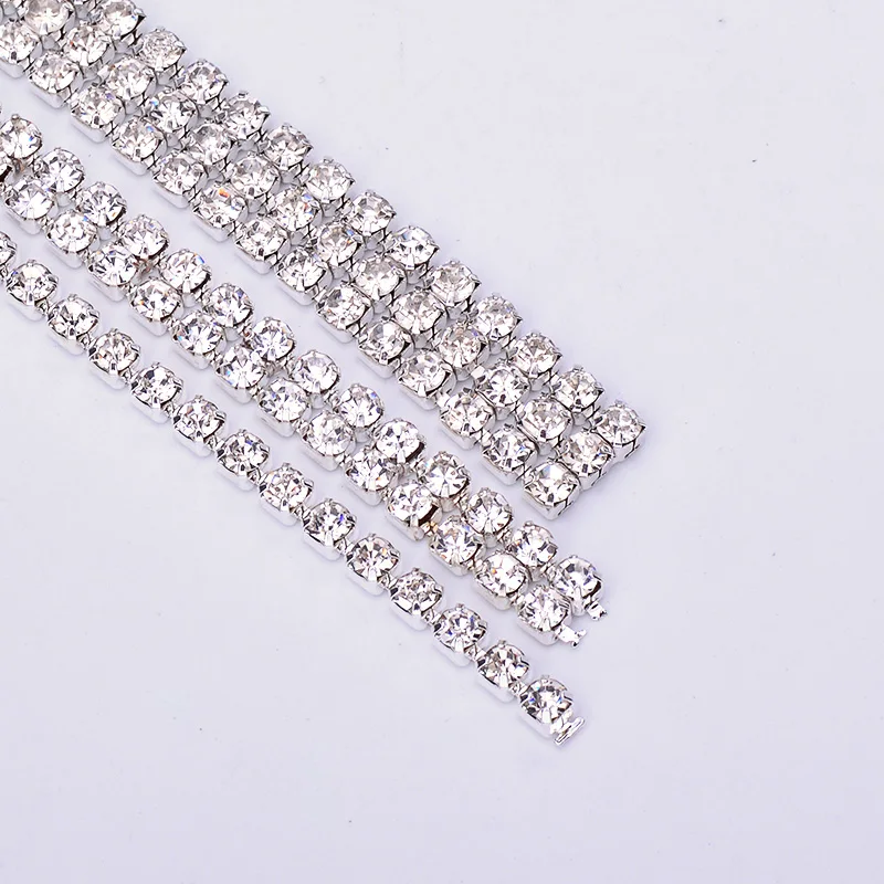 JUNAO 1 2 3 Rows SS12 Sil ver Crystal Trim 10 Yard Clear Glass Rhinestones Chain Sewing Stones Ribbon For Jewelry Dress
