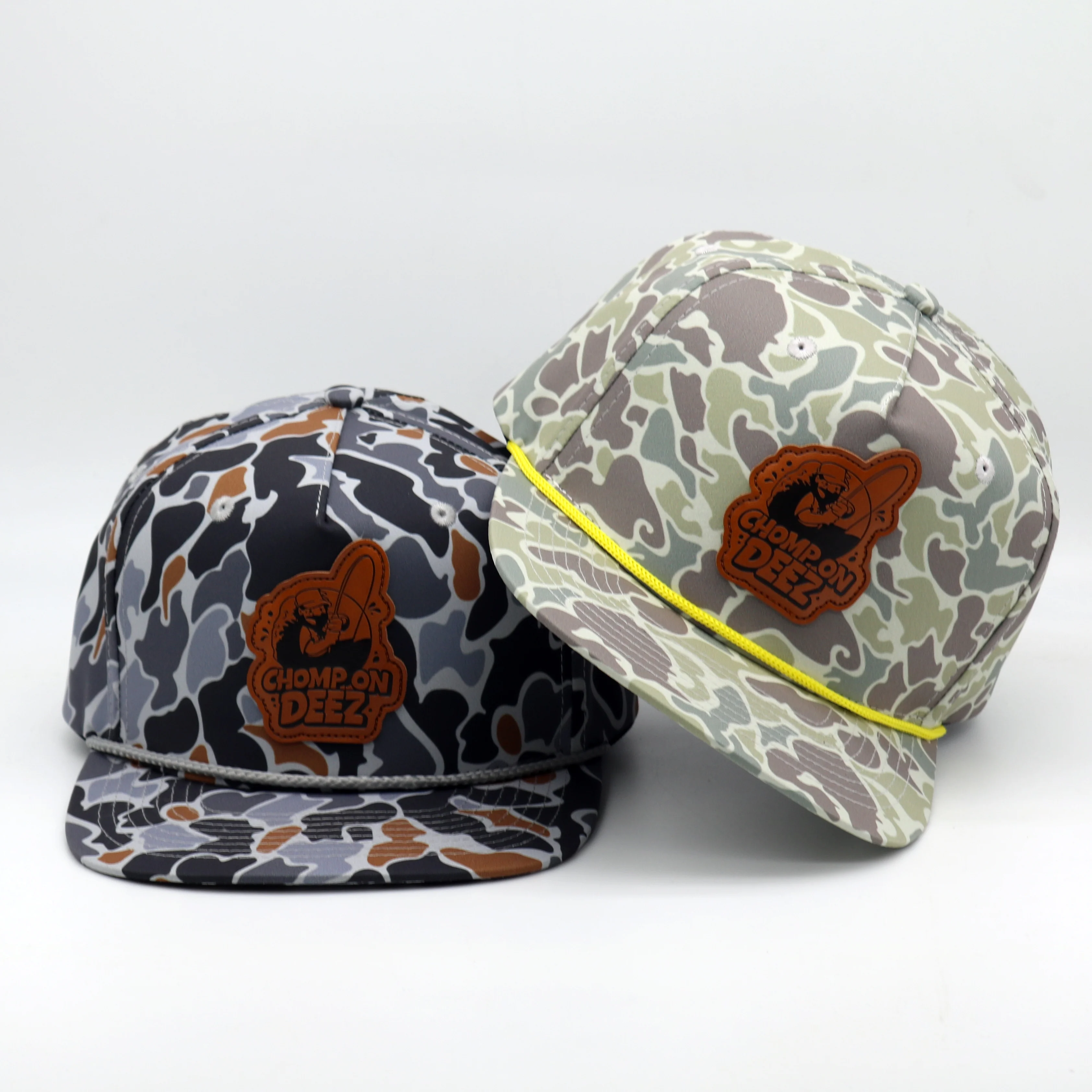 Custom Logo Vintage 5 Panel Rope Waterproof Quick Dry Nylon Camo Hats Flat Bill Brim Snapback Cap Outdoor Fishing Hip Hop Hat