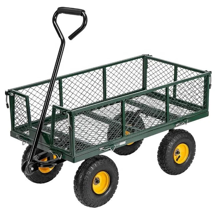 Garden Cart Wagon Heavy Duty Mesh Steel, Utility Wagon Cart with Tire Pump , Yard Cart with Removable Sides