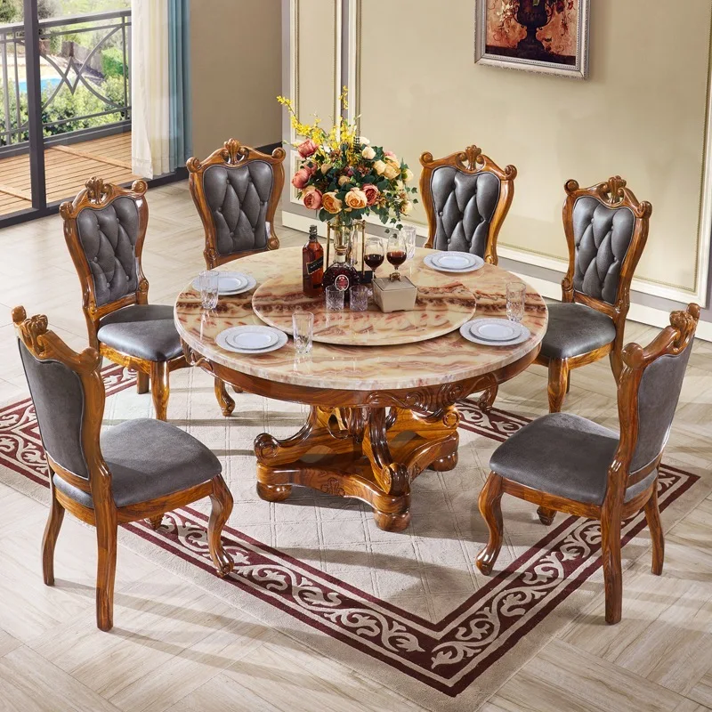 Classic European Style Dining Table 8 Seaters Chairs Luxury Marble Wooden Rotating Dining Table Set