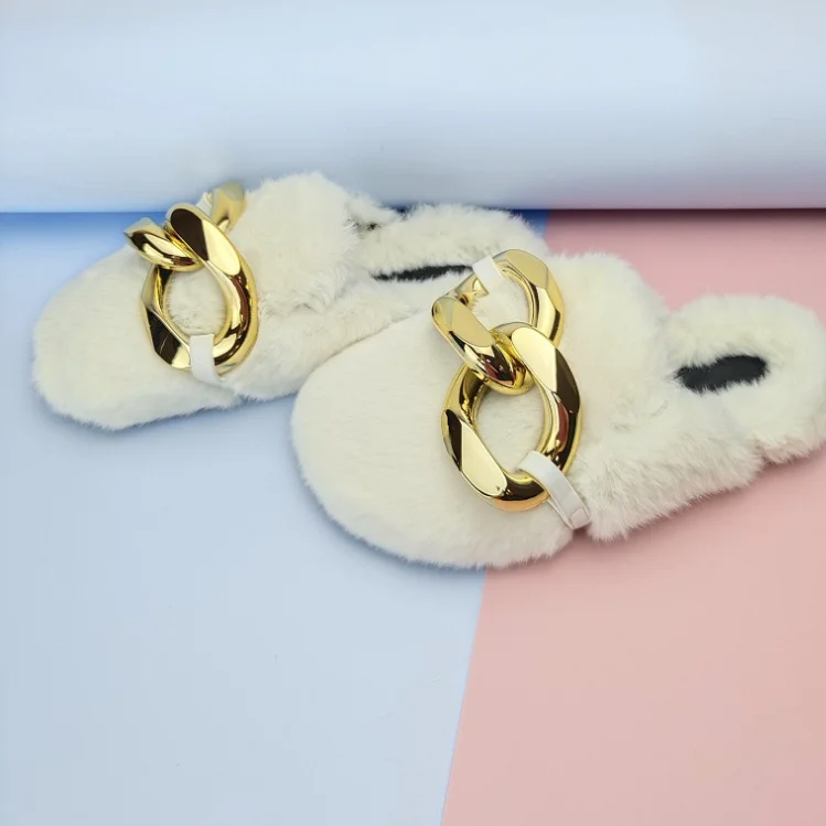 Wholesale Women Slipper 2022 Winter Indoor Slippers Furry Fuzzy Warm Gold Chain Decor Luxury Fur Slides Fox Fur Slides For Women