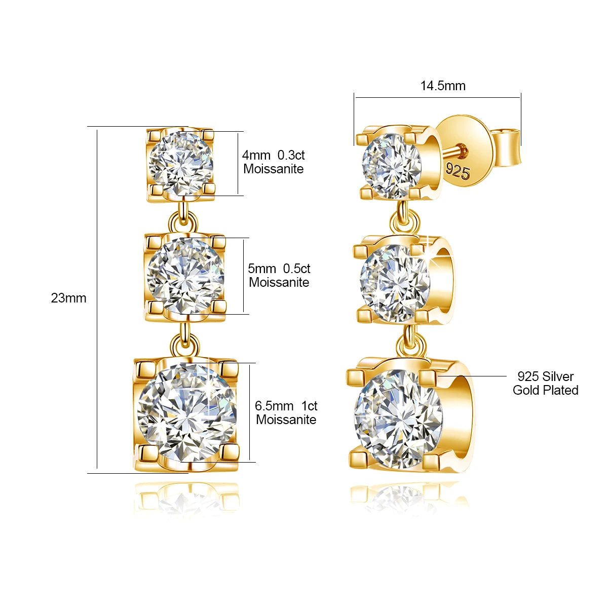 High Jewellery 925 Sterling Silver 3 Stone Round Moissanite Diamond Square Long Fine Earrings