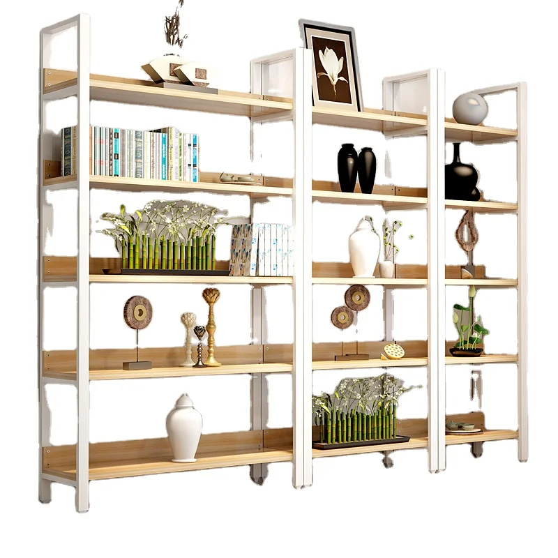 Bookshelf shelf floor steel wood bedroom storage rack wrought iron shelf storage cabinet living room multi-layer bookcase