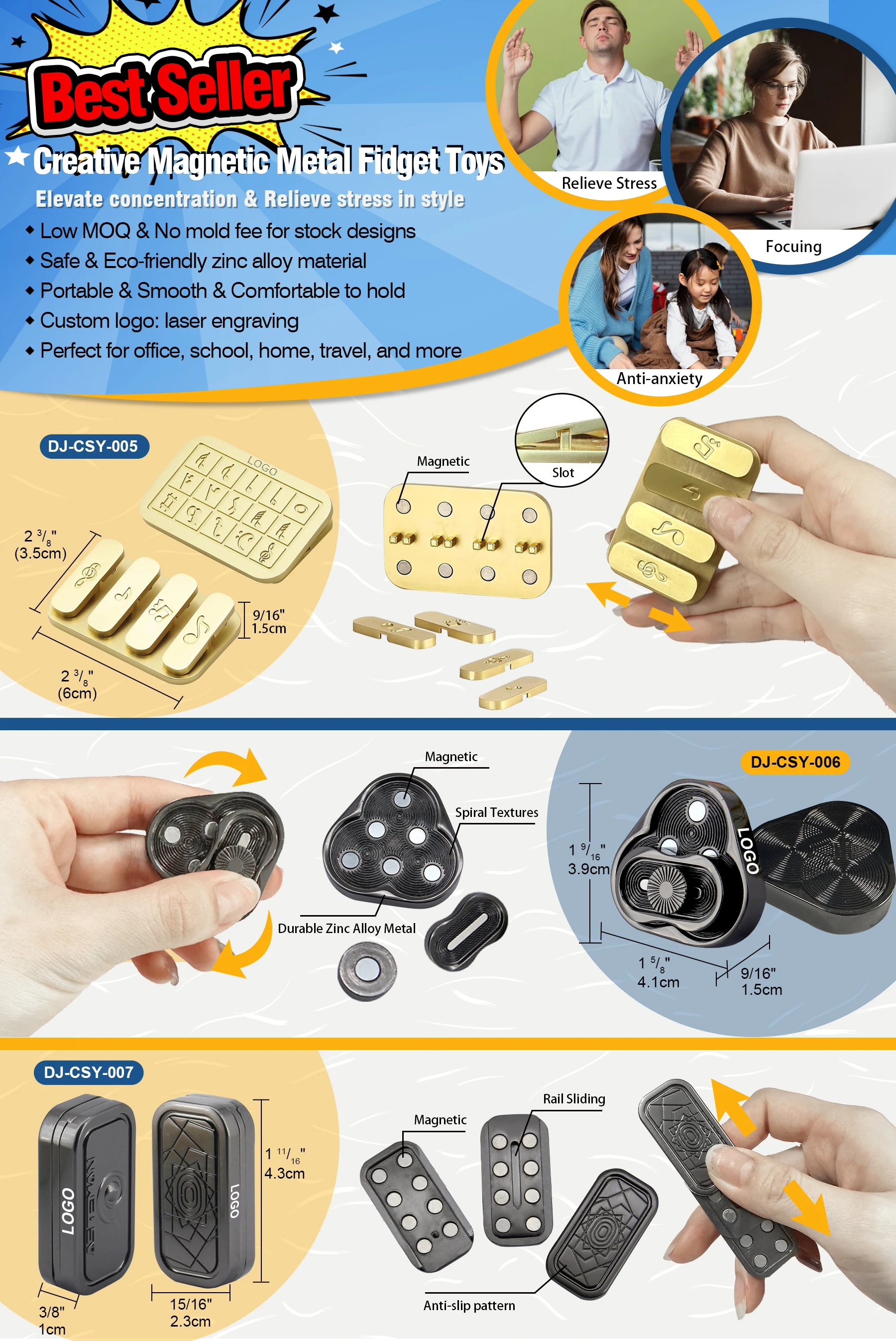 Лидер продаж оптовая продажа школьники офисные взрослые EDC Fidget слайдер позолоченный Магнитный Спиннер игрушки для снятия стресса