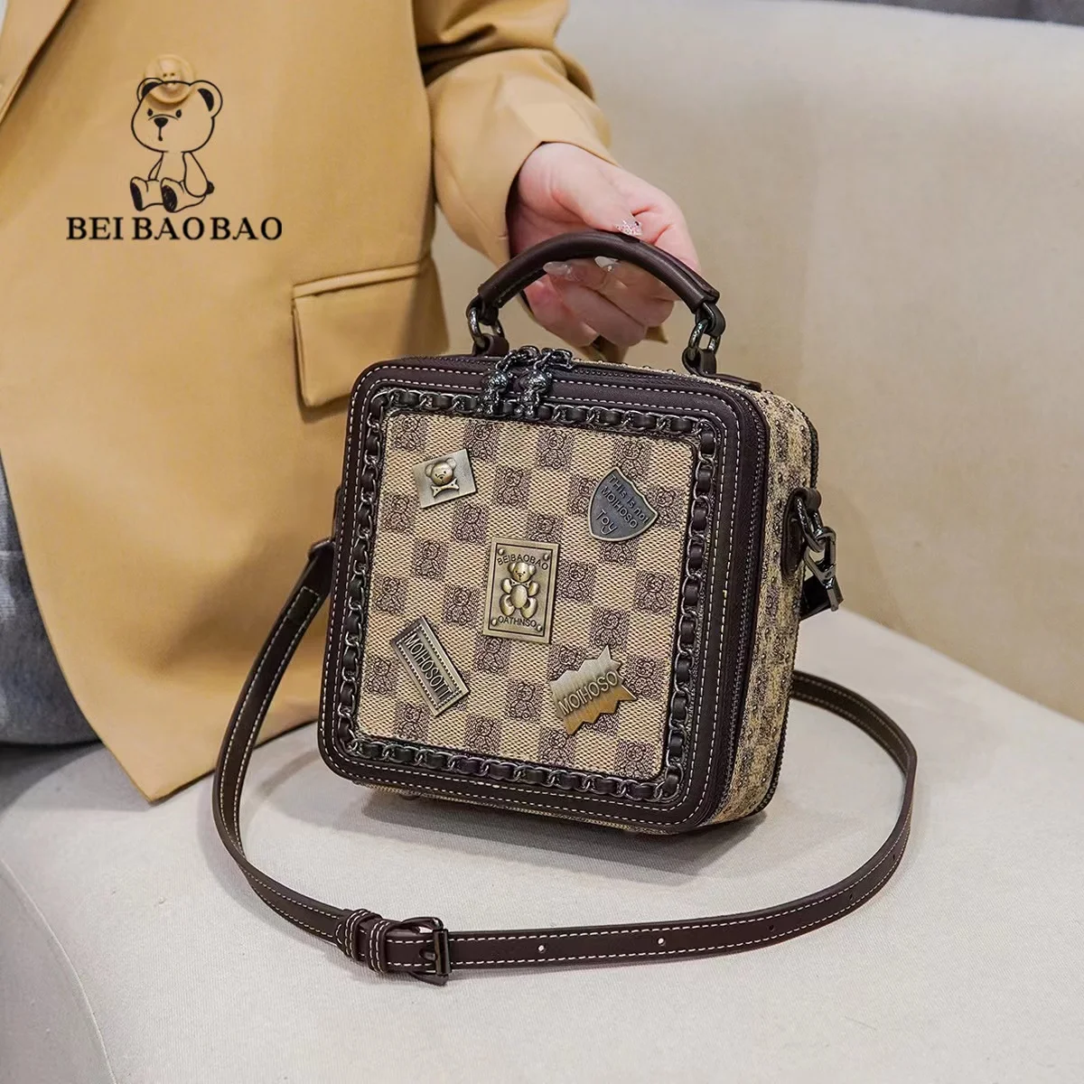 factory hot Summer new High quality vintage square Bucket Bag PU Printed Wide shoulder strap Designer brand women crossbody Bag