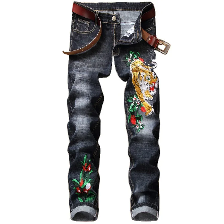 Мужские джинсы в стиле хип-хоп по индивидуальному заказу, мужские прямые джинсы с вышивкой дракона и тигра, джинсовые брюки