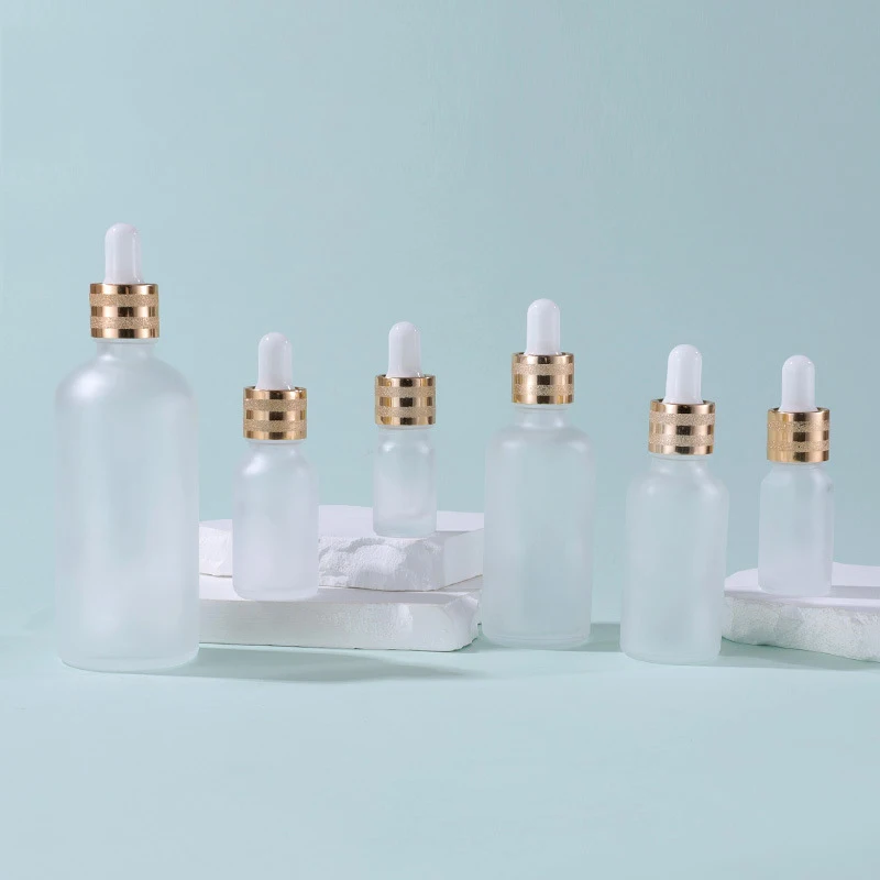 Empty Cuticle Oil Body Oil Container 5ml 10ml 15ml 20ml 30ml 50ml 100ml Frosted Glass Serum Dropper Bottle with Golden Sand Top