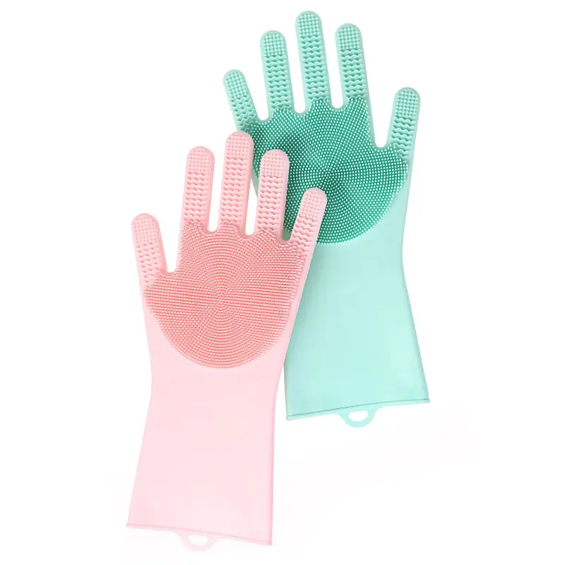 Reusable Waterproof Household Cleaning Silicone Gloves Non-slip Silicon Glove Magic Dishwashing Gloves With Scrubber