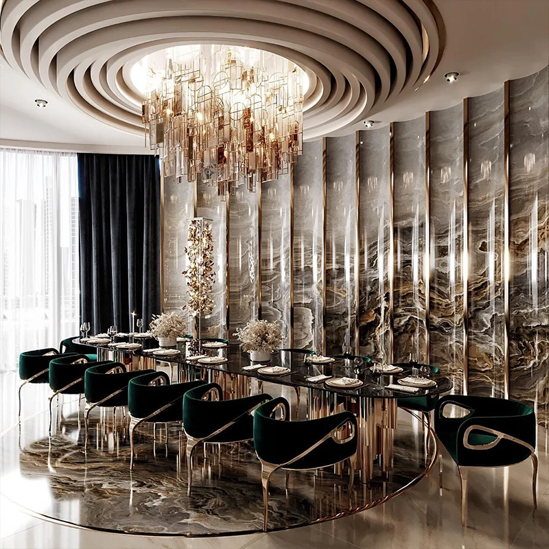 Modern luxury dining room furniture set, extra-long 12-seater stainless steel marble dining table