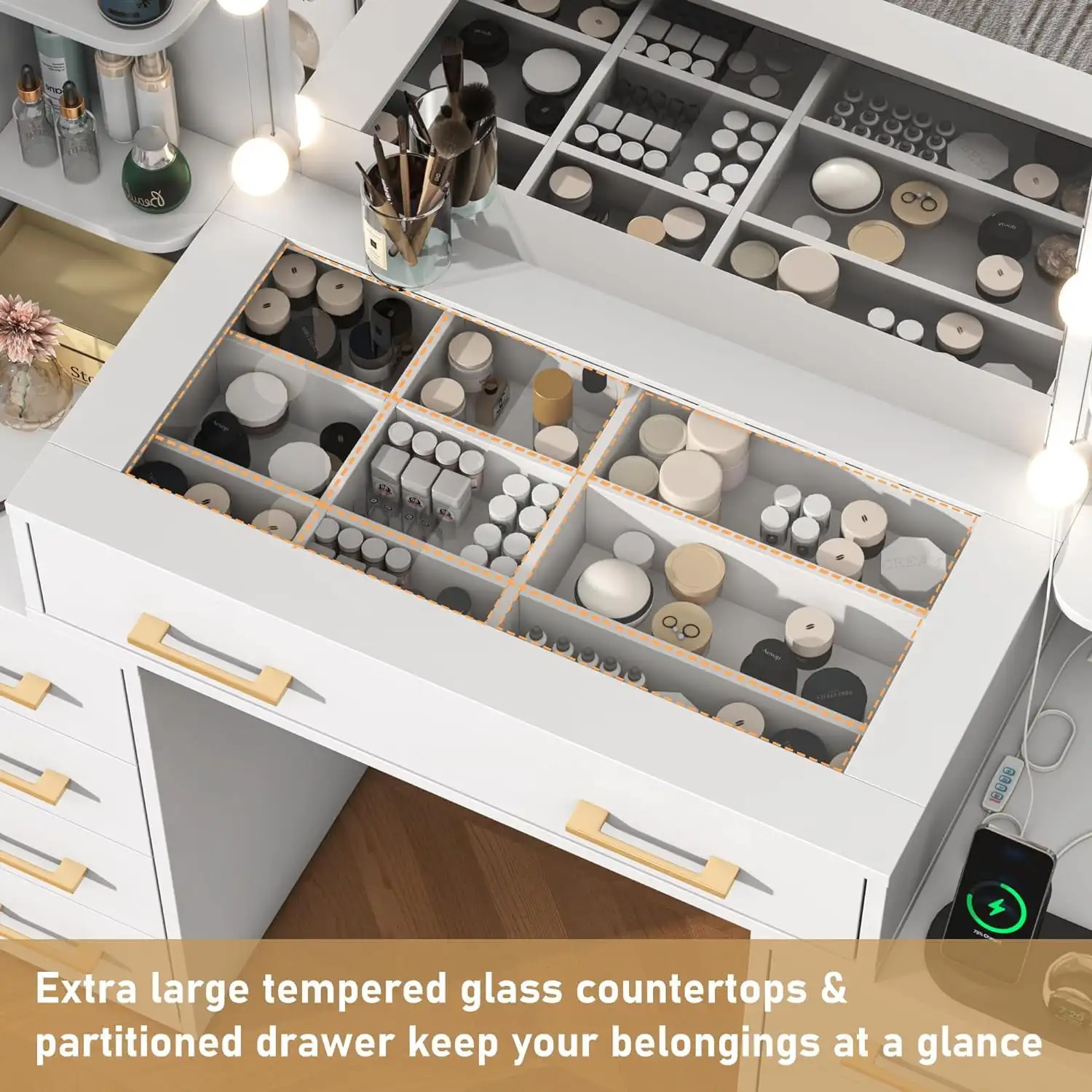 Modern Vanity Desk Mirror LED Lights Glass Top Vanity Desk with Charging Station Compartment Storage Drawers White