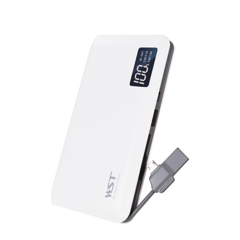 Shenzhen WST Factory 5V 2.1a LCD Digital Display Dual Output Mobile Portable Powerbank 10000mAh with Cable