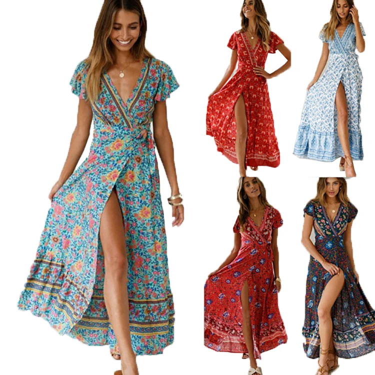 Hot Sale Summer Women Sky Blue V Neck Beach Resort Floral Printed Dress