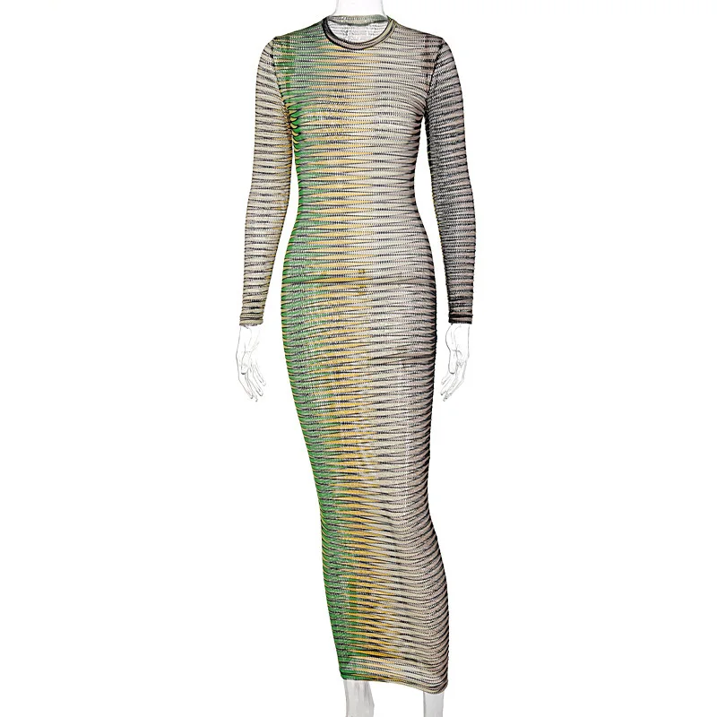 Autumn Winter Dress Snake Print Long Sleeve Bodycon See Through O Neck High Street Fashion Women Wholesale Clothes