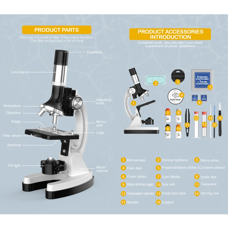 100X-1200X 28-Pieces Student Beginner Microscope Stem Kit Metal Body Toy Microscope With Slides, LED Light And Carrying Box