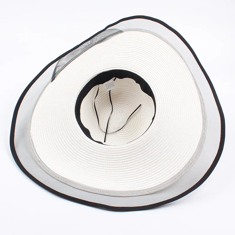 wholesale female elegant summer beach hats Mesh trimmed oversized women wide brim straw sun hats