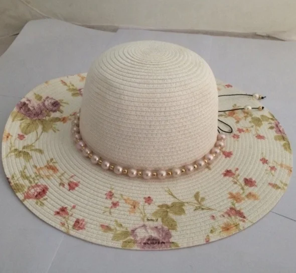Women Paper Straw Floral Printed Floppy Beads Chain Decoration Capeline Hat