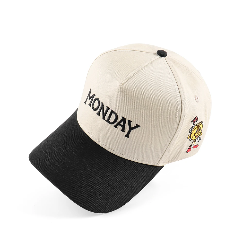 New Design 5 Panel Black Cotton Structured Embroidery Logo Plastic Closure Eyelets Back Two Tone Baseball Caps Custom Colors hat