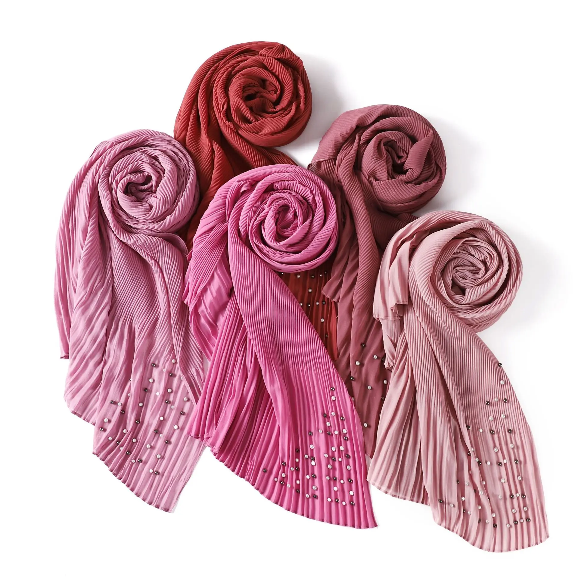 Malaysia Pure Color Wrinkled  Ruffled Edges And Corners Beaded Chiffon Long Scarf Monochrome Headscarf Muslim Women