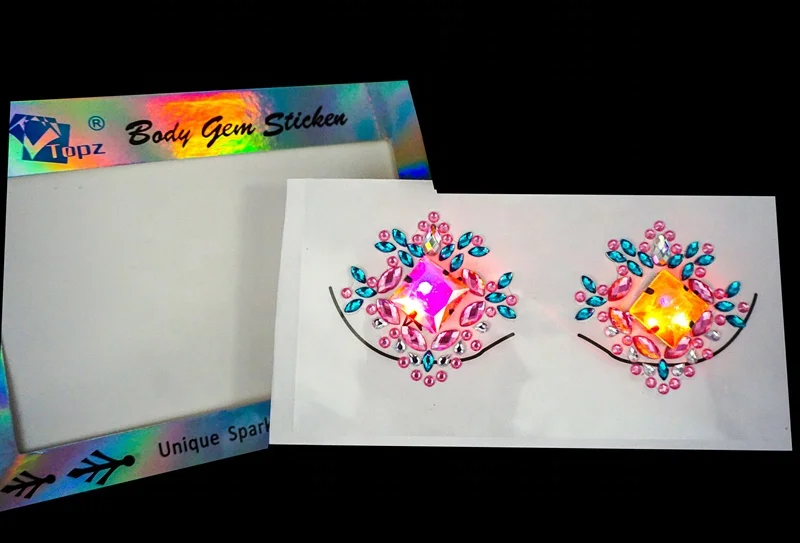Free sample rhinestone flower sticker Excellent quality luminous led light glowing face jewels rainbow gem face stickers