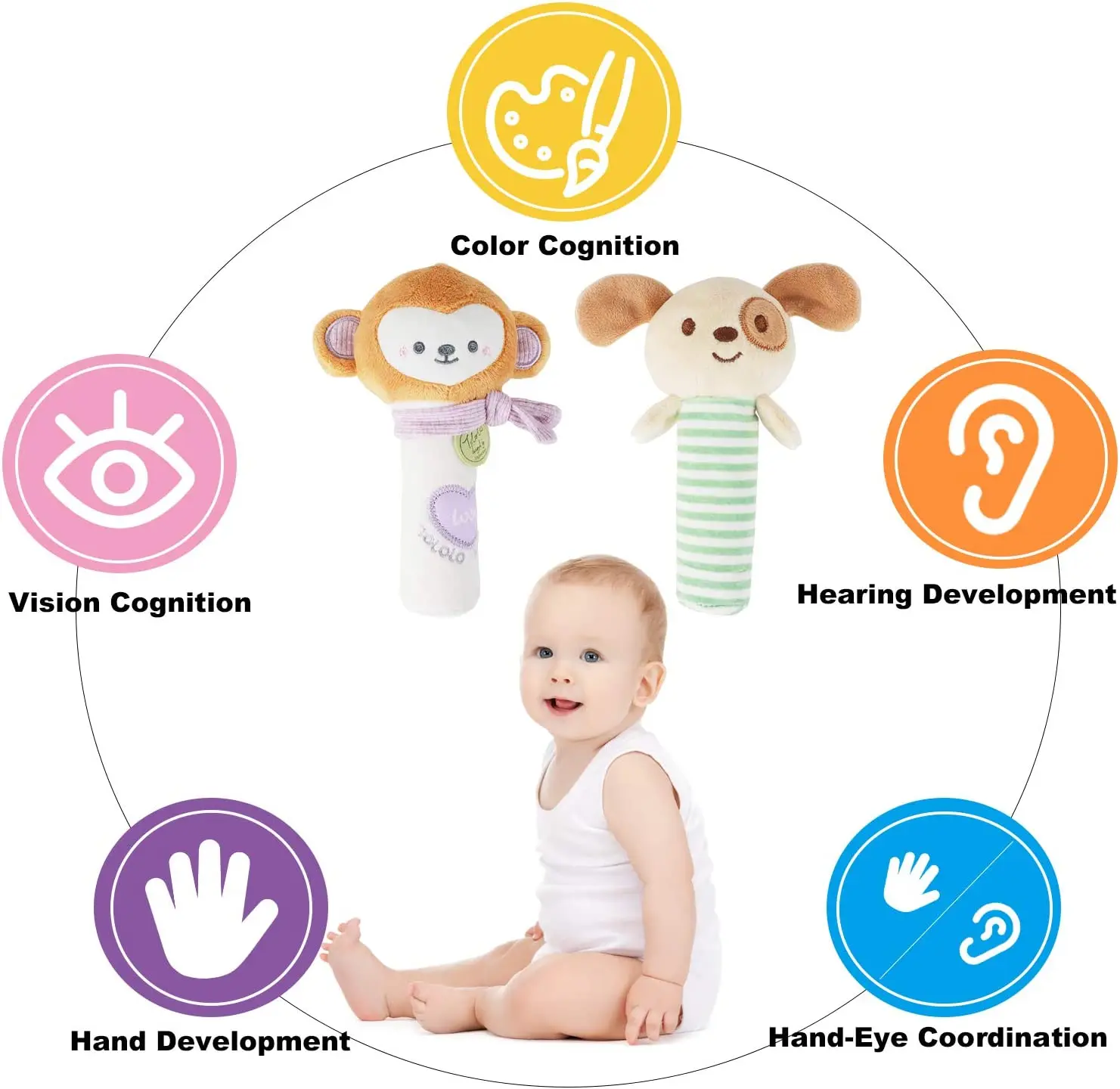 Custom educational plush hand rattles hand grip toys stuffed animal rattles shaker for 3 6 9 12 months infants newborn