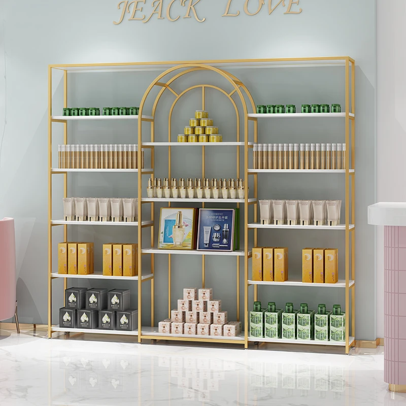 Wholesale Nordic light luxury Simple Floor Shelf Display Cabinet for hair nail skin care Salon products metal Storage Rack