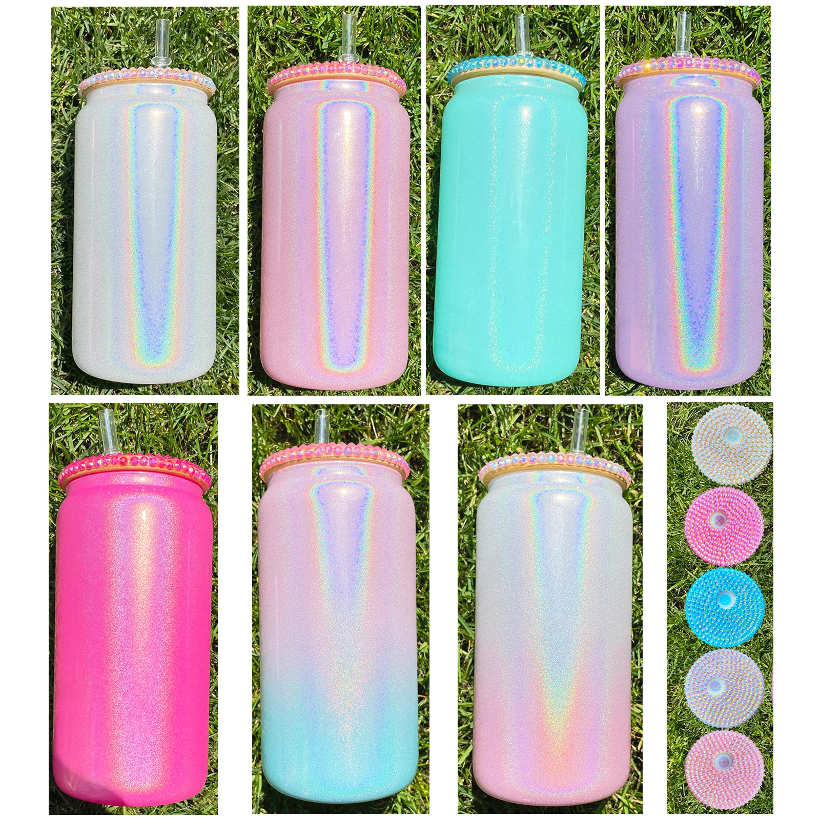 Wholesale Bulk 15oz 16oz bling lid sublimation shimmer glass can with bling lids and straws for Sublimation Heat Transfer