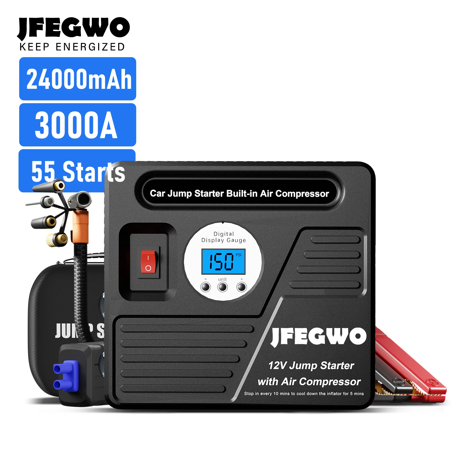 24000mAh PRO Portable Power Bank Jump Starter with Air Pump Compressor 3000A 150PSI Tire Inflator 12V Starting Device