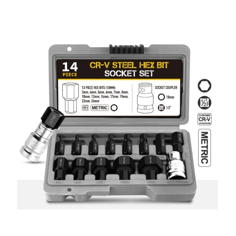 Manufacturer Professional 1/2'  14pcs Hex Bit Socket Set CR-V Metric Standard Plastic Storage Box Maintenance Hand Tools