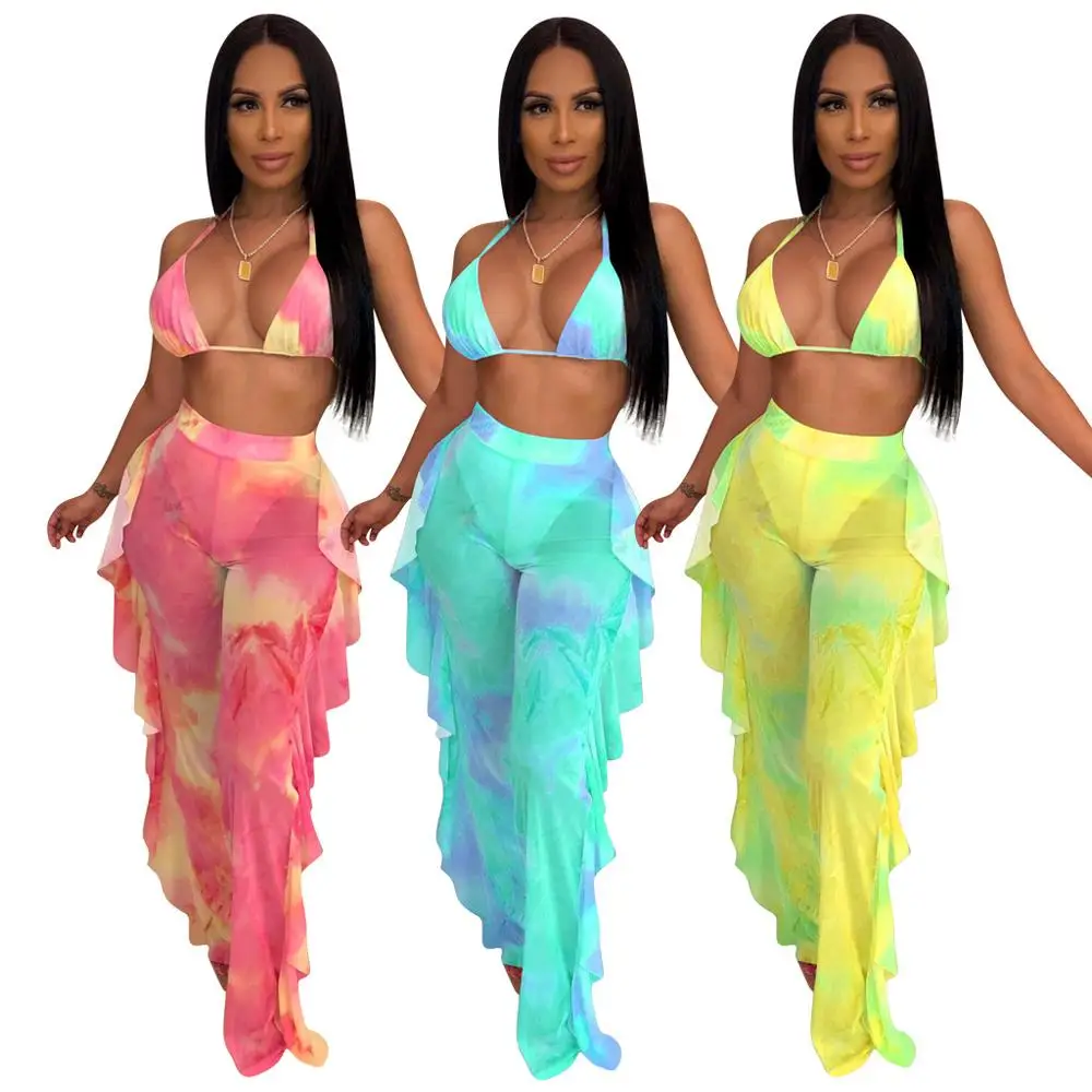 
Tie Dye Print Summer Beach Party Wear Halter Neck Bra And High Waist Transparent Mesh Pants Sexy Women Two Piece Set 