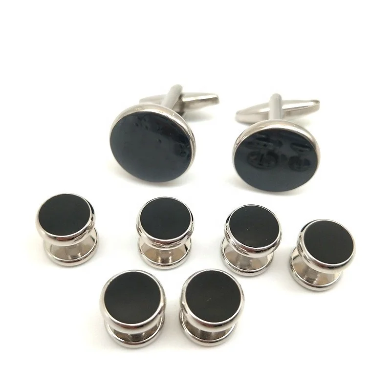 2024 new boyi Ready to ship round black soft enamel mens cufflinks and studs set tuxedo shirts