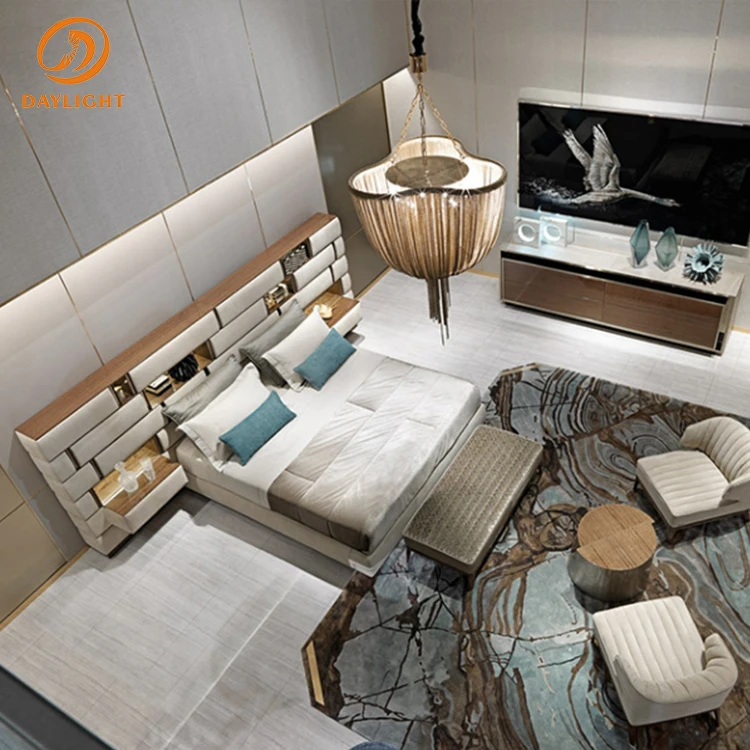 chinese foshan factory customized platform brown beds leather wooden frame furniture