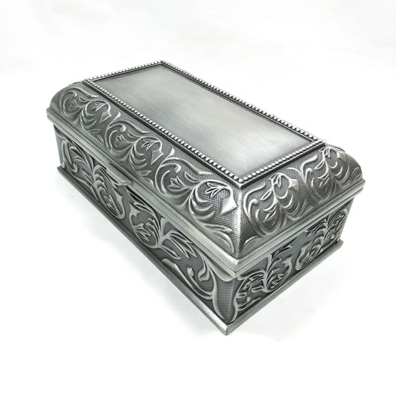 Zinc alloy large rectangle jewelry box with classical flower patternin in pewter plated